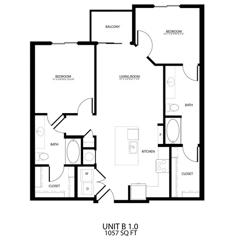 Floor plan for 2 beds, 2 baths, 1057 sqft
